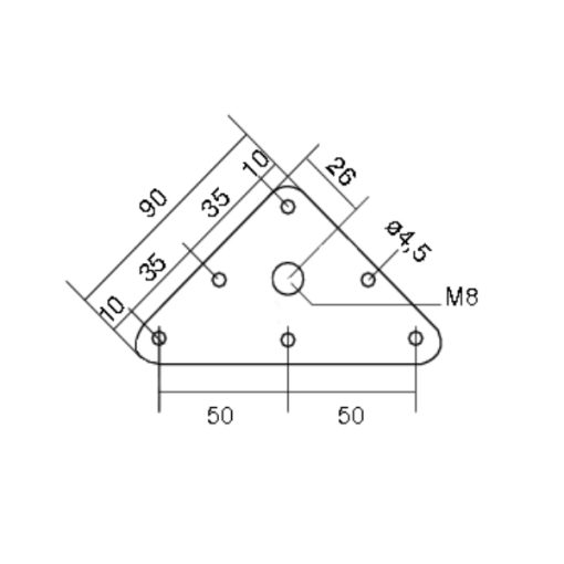 Bevestigingsplaat recht driehoek 90x90mm met M8 schroefdraad