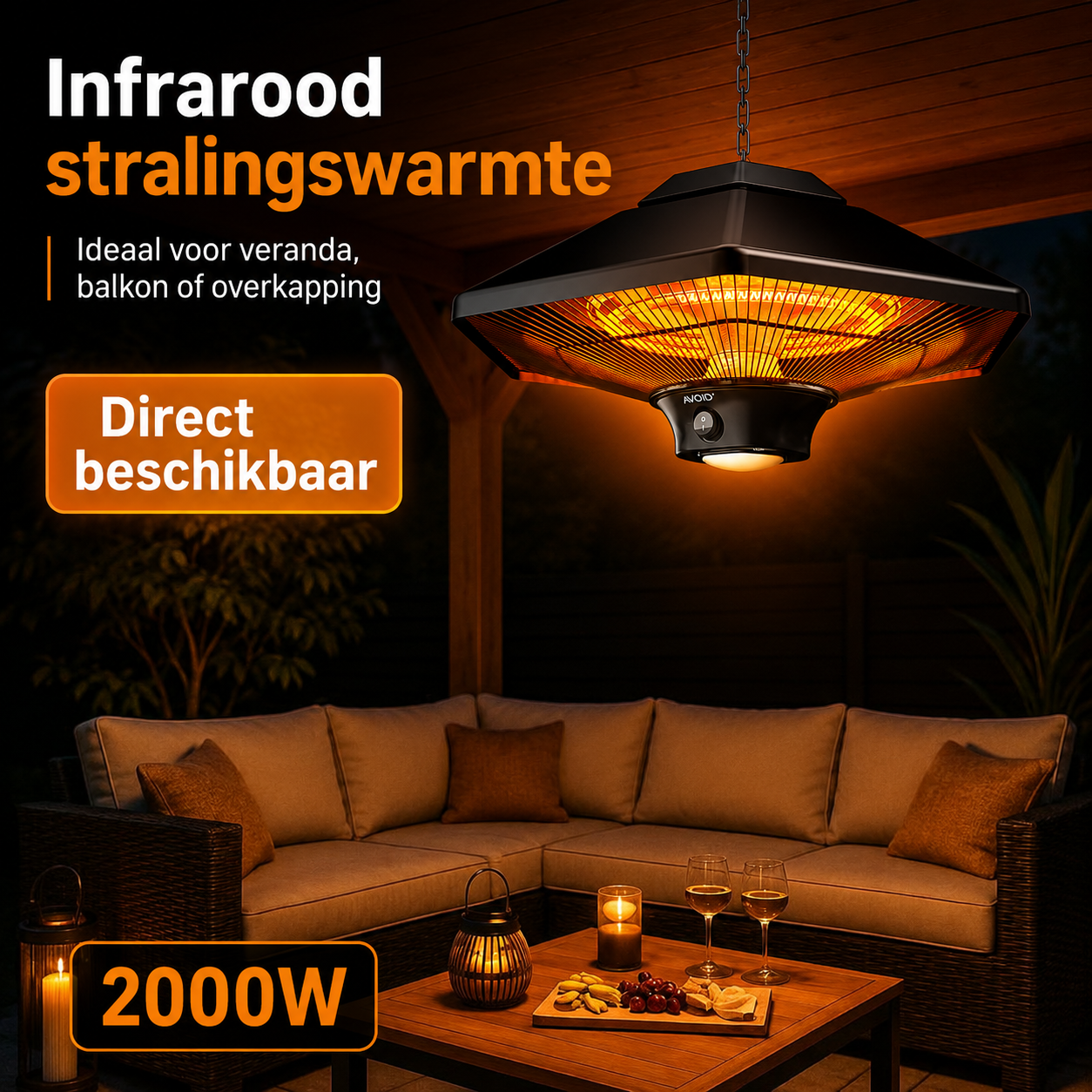 AVOID SHL-2000BR hangende terrasverwarmer 2000W met afstandsbediening en LED - Afbeelding 2