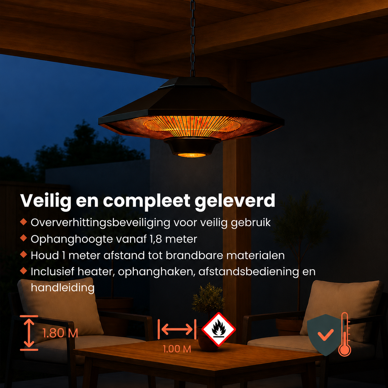 AVOID SHL-2000BR hangende terrasverwarmer 2000W met afstandsbediening en LED - Afbeelding 7